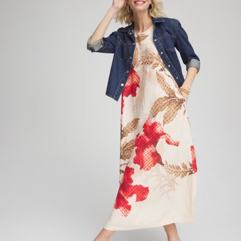 New w Tag: Chicos Floral Linen Maxi Dress with Pockets. Size US 8 - Picture 10 of 15